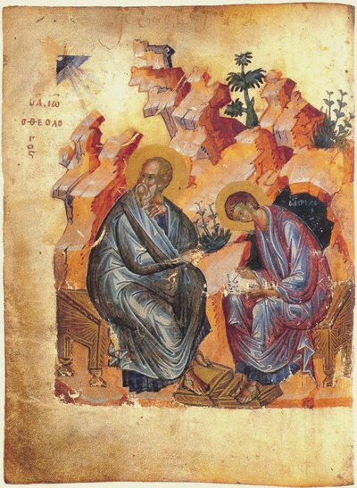 Fol. 157v St. Johannes de Evangelist en Prochorus, Zaraisk Evangelie, 1401 door Russian School